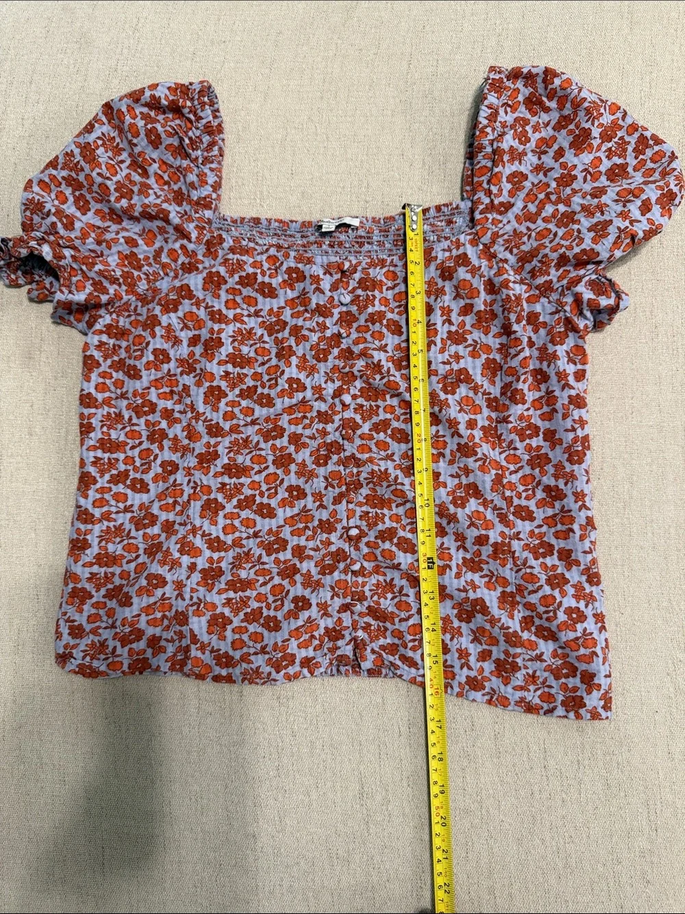 Madewell Size 4 Floral Puff Sleeve Button Front Square Neck Blouse